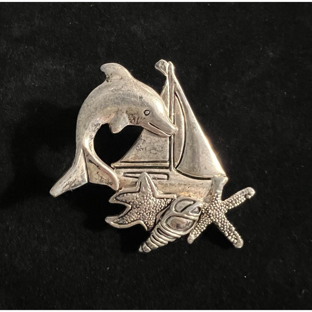 MJ Silver Plated Figural Sail Boat Starfish Dolphin Pendant Brooch Pin Vintage
